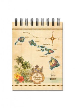 Small notebook with a tan cover featuring a design of the Islands of Hawai‘i, showcasing detailed illustrations and tropical elements, perfect for jotting down thoughts and ideas.