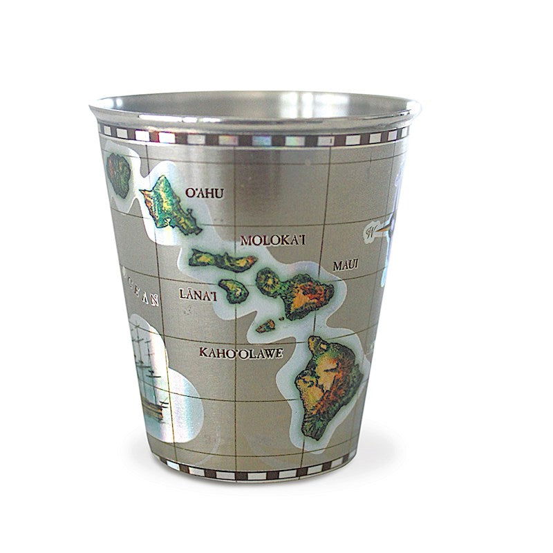 Stainless steel foil shot glass featuring an Islands of Hawaii design, showcasing vibrant colors and tropical motifs, ideal for enjoying your favorite beverages.