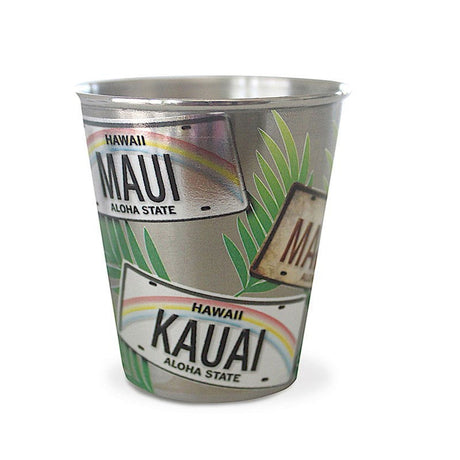 Stainless steel foil shot glass featuring a License Plate Palms design, showcasing colorful tropical imagery inspired by Hawaiian license plates, perfect for beverage enjoyment.