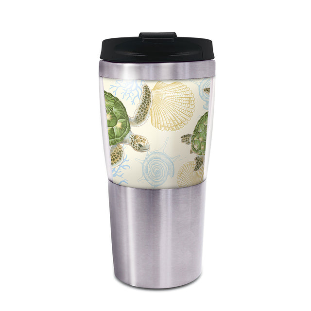 A stainless steel tumbler with a clear acrylic exterior featuring turtle patterns and a non-slip rubber base, with a black flip top lid.
