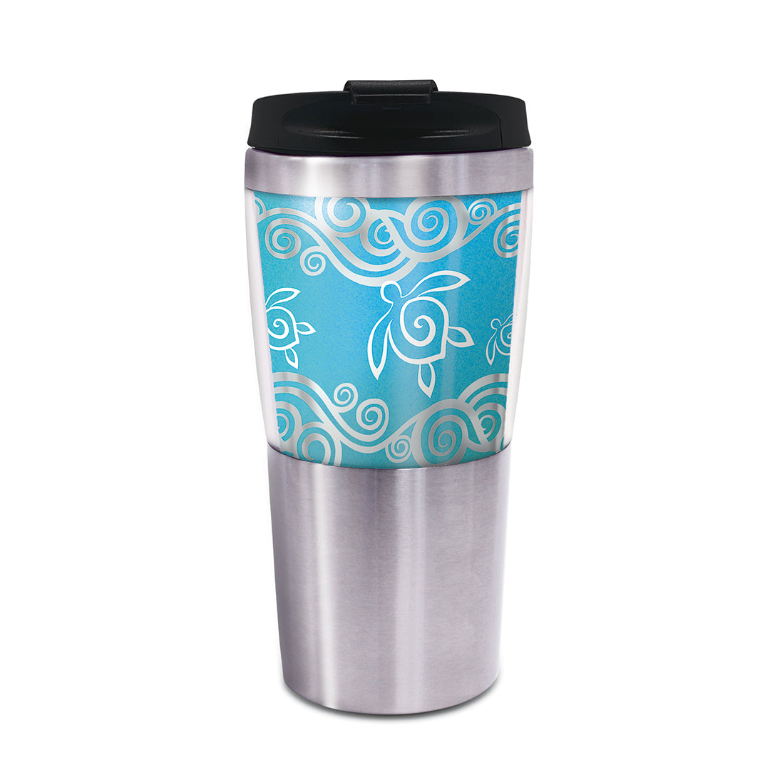 A stainless steel thermal tumbler with a blue honu (turtle) and swirl pattern design, featuring a black slide lock lid and a non-slip rubber base.
