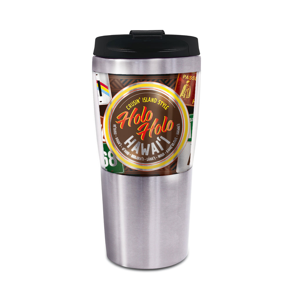 A stainless steel tumbler with vintage Hawaii print design and a black flip top lid.