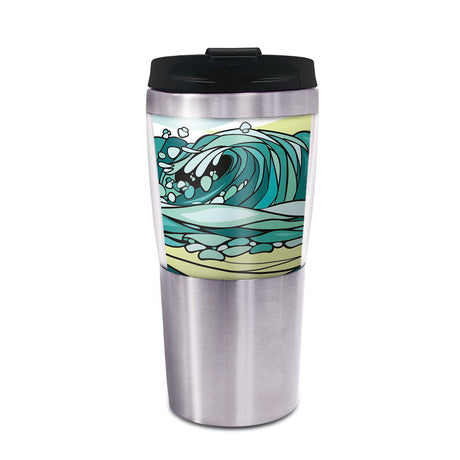 A stainless steel tumbler with a colorful wave design and a black flip top lid.