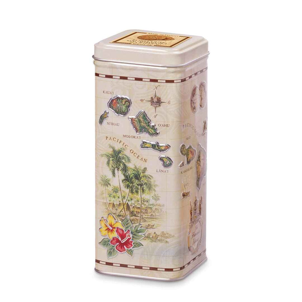 Tall cookie tin with Hawaii island map and tropical scene