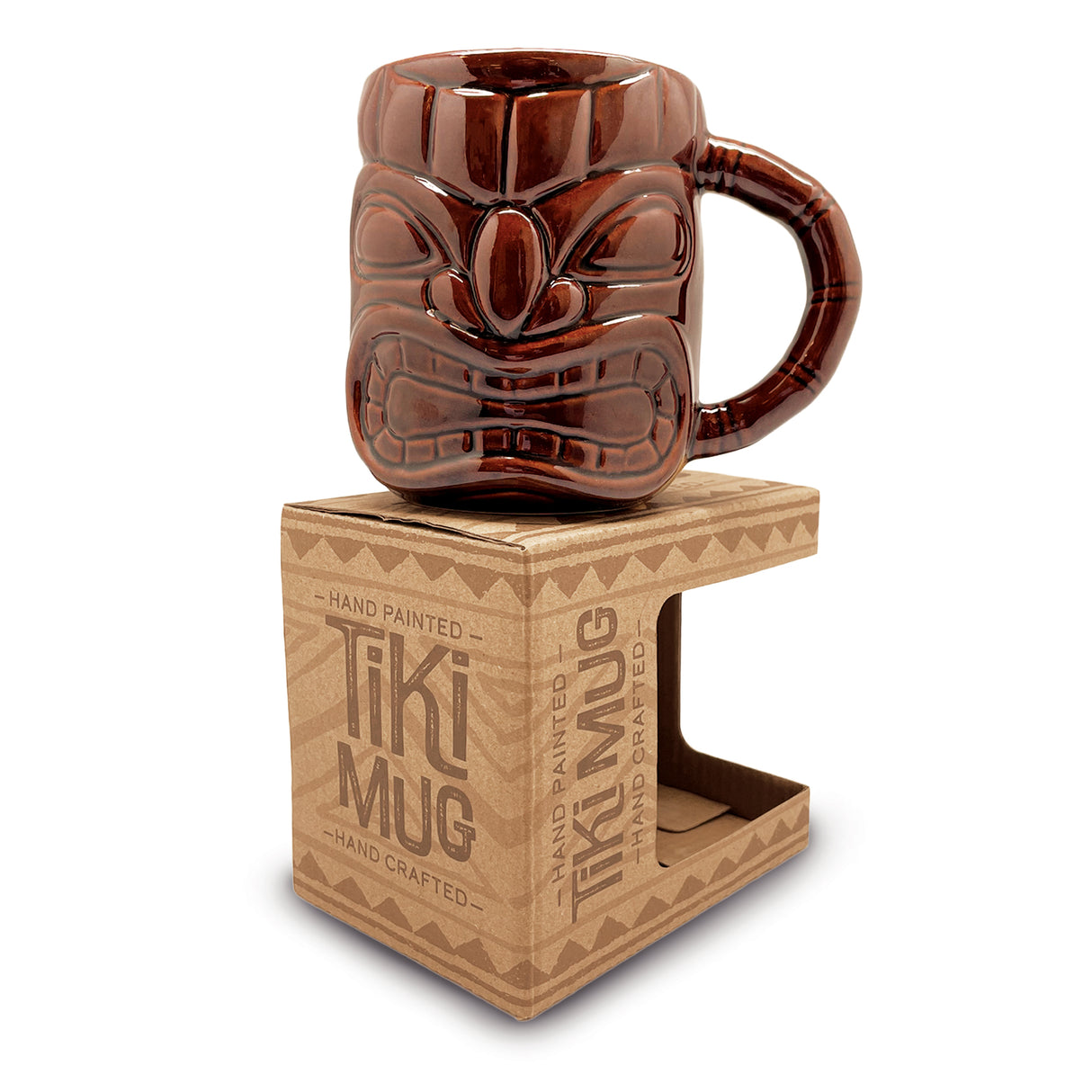 A tiki Hawaii mug on top of packaging.