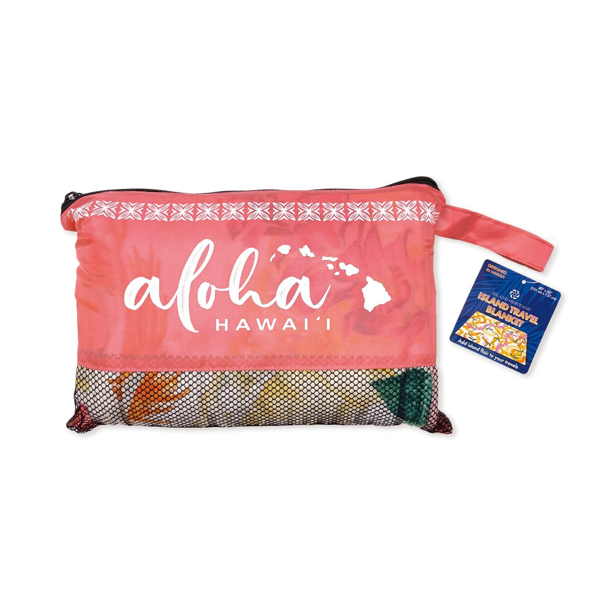 Compact and lightweight travel blanket with a beautiful Leis of Aloha pattern, ideal for staying warm during travel.