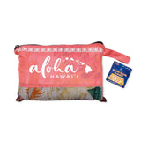 Compact and lightweight travel blanket with a beautiful Leis of Aloha pattern, ideal for staying warm during travel.