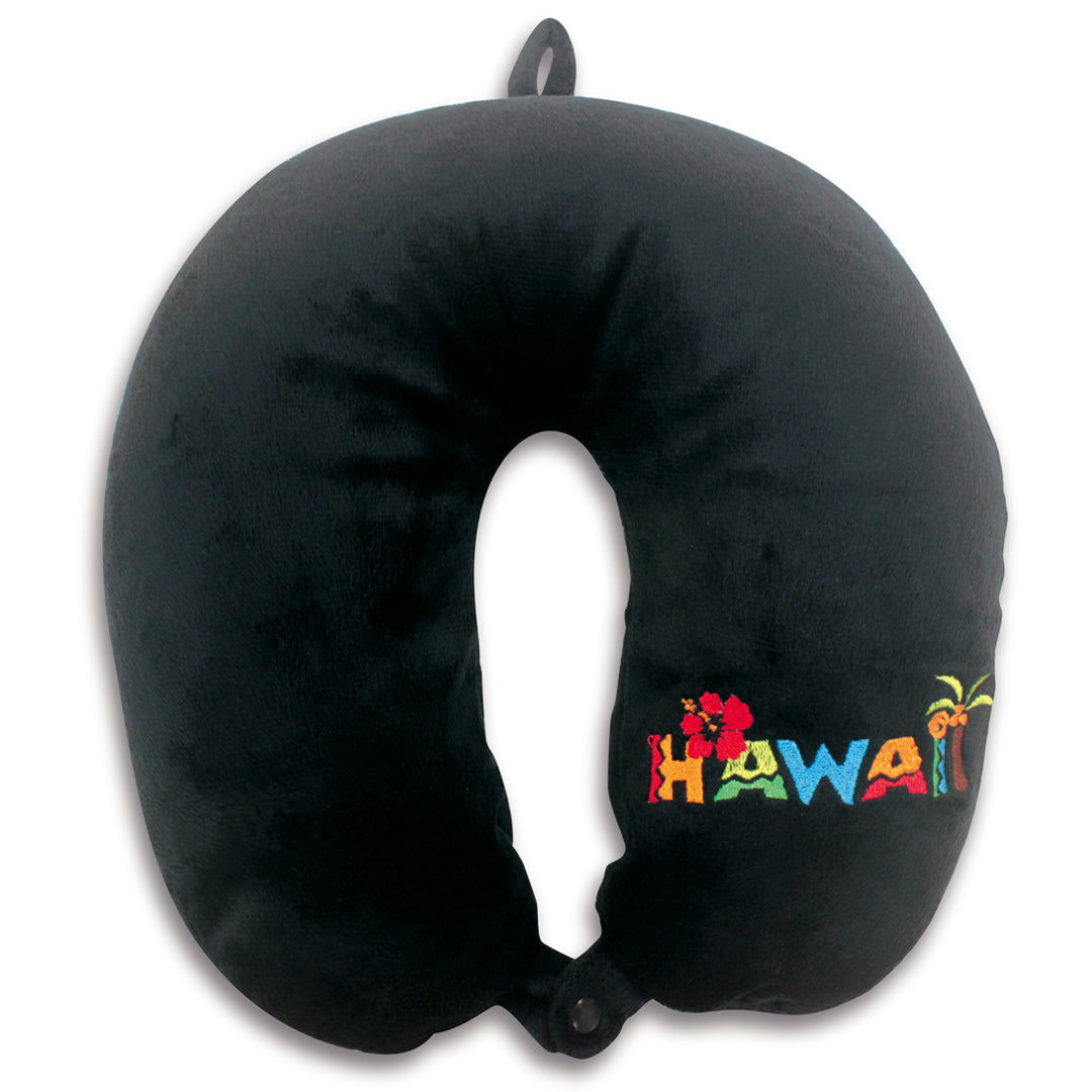 Travel neck pillow featuring a Hawaiian Adventures design, showcasing vibrant tropical graphics and illustrations, ideal for comfort during travel.