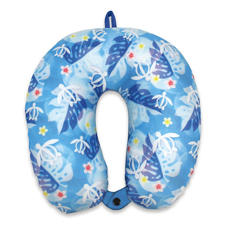 Travel neck pillow featuring a Honu Floral design, showcasing colorful sea turtles and tropical floral patterns, perfect for comfort on the go.