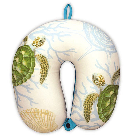 Travel neck pillow featuring a Honu Voyage design, showcasing colorful sea turtles and tropical patterns, ideal for comfort on the go.