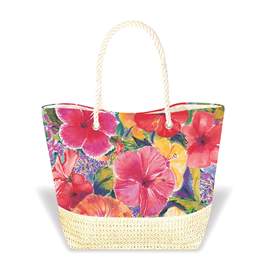 Tropical Straw Totes, Hibiscus Impression  