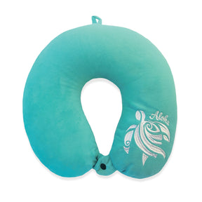 Teal Velvet Neck Pillow, Honu Painted, soft velvet shell, expandable polystyrene beads, loop for easy bag attachment, and snap button for secure fit.