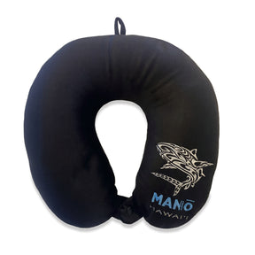 Black Velvet Neck Pillow, Manō Hawai‘i, soft velvet shell, expandable polystyrene beads, loop for easy attachment, and snap button for secure fit.