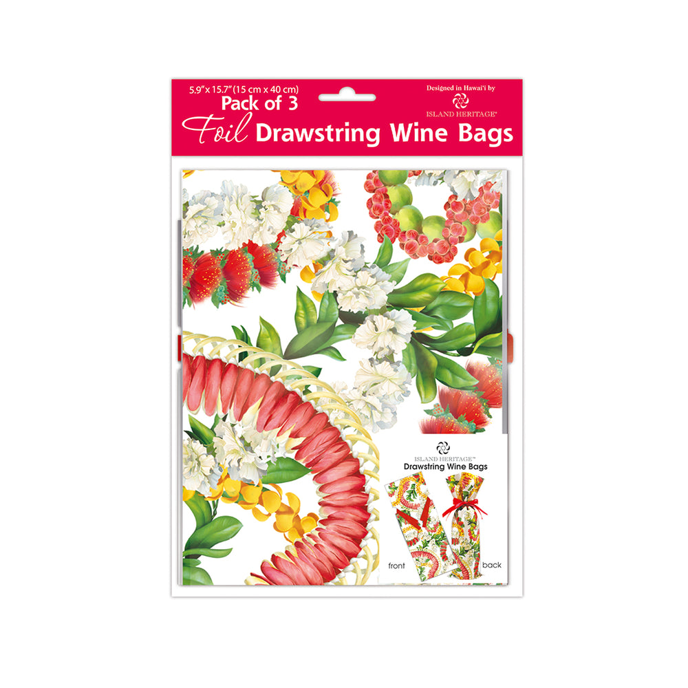 Wine Bag Foil Drawstring Gift Bag 3 Pack, Leis of Beauty