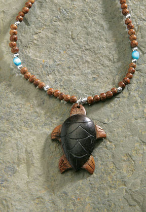 Wood Beaded Cord, Carving - Turtle with Dark Brown