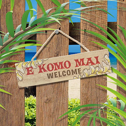 Wooden hanging sign featuring 'E Komo Mai' design, showcasing rustic Hawaiian-themed elements and welcoming sentiments, perfect for home decor.