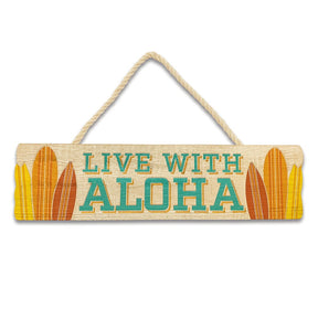 Wooden Hanging Sign, Live with Aloha - Surfboard  