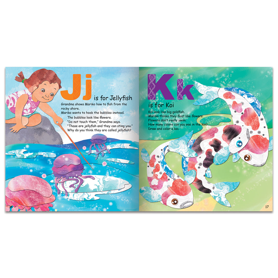 Children's book open to pages with illustrations of a girl and fish, educational text, and colorful graphics.