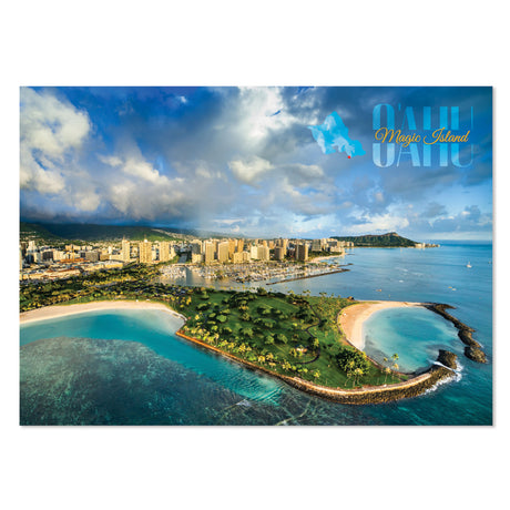 Aerial view of a coastal city with a beach and ocean, featuring the text 'Oahu Magic Island'.