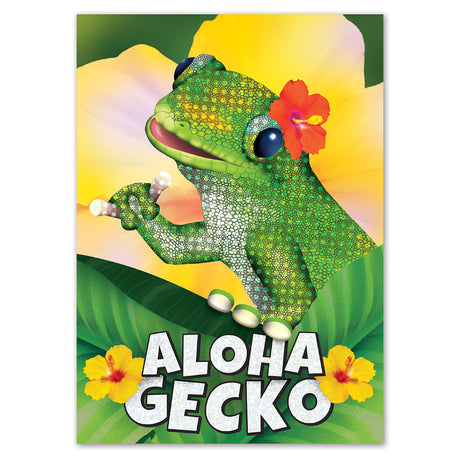 Colorful Gecko with flowers on a green and yellow background with 'Aloha Gecko' text.