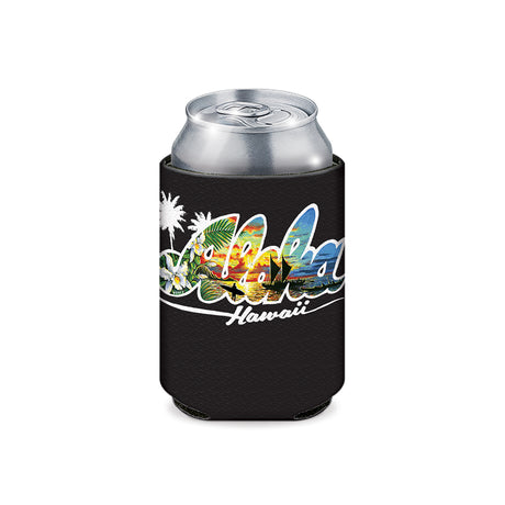 Black can cooler with colorful Hawaii design on a white background