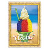 Colorful shave ice with a straw on a beach background, framed with 'Aloha from Hawaii' text.