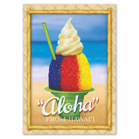 Colorful shave ice with a straw on a beach background, framed with 'Aloha from Hawaii' text.