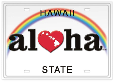 License plate with rainbow, heart, and 'Hawaii State' text on a white background