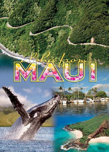 Collage of scenic images from Maui with a whale tail, tropical beach, and lush greenery.