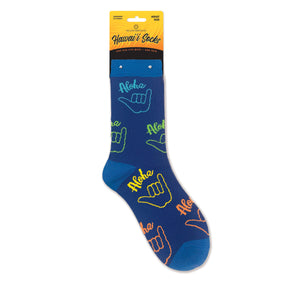 Blue sock with 'Aloha' text on a white background