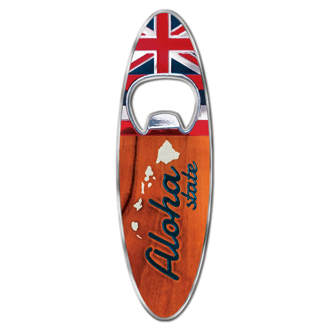 foil bottle opener with Hawaii flag design and 'Aloha State' text on a white background