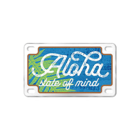 A blue and green rectangular Hawaii magnet with the words Aloha state of mind.