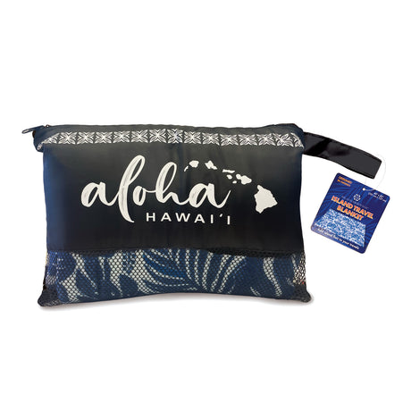 Black travel blanket pouch with 'aloha Hawaii' text and a map design, accompanied by a blue tag on a white background.