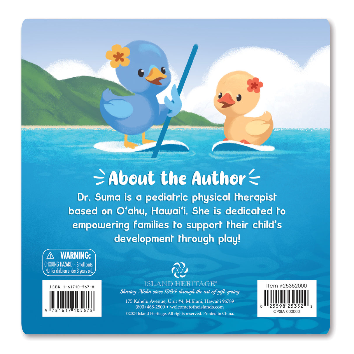 The back of a children's book with text about the author and an illustration of ducks paddle boarding