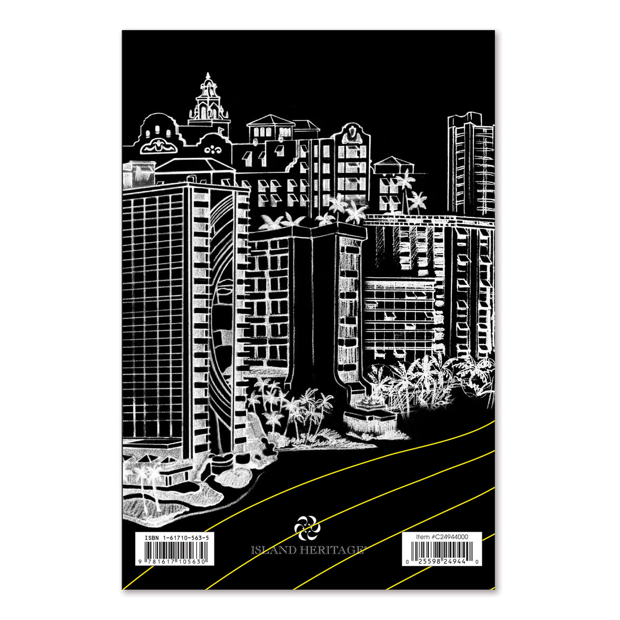 Black and white cityscape illustration on a black background with 'Island Heritage' branding.