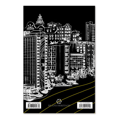 Black and white cityscape illustration on a black background with 'Island Heritage' branding.