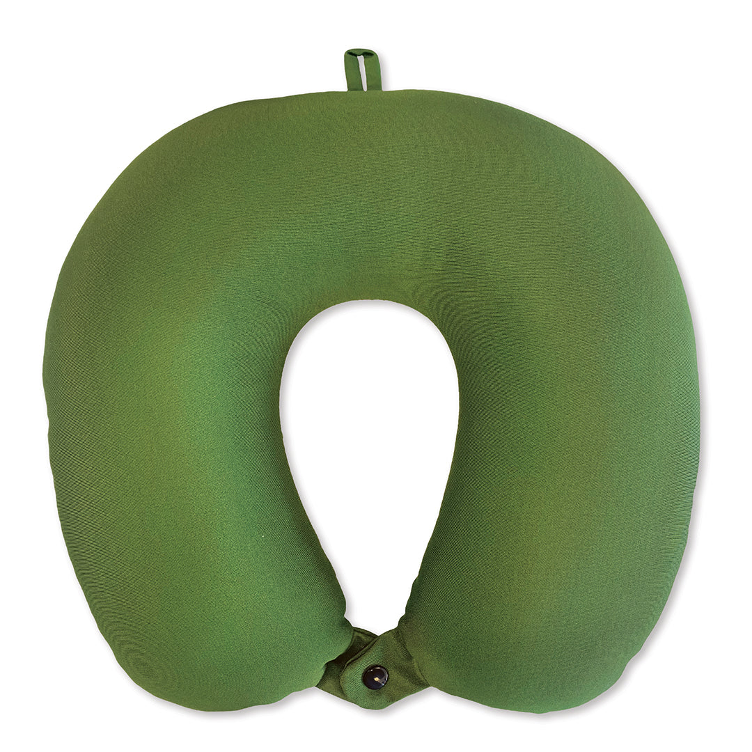 The back of a green neck pillow.