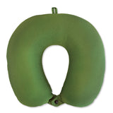 The back of a green neck pillow.