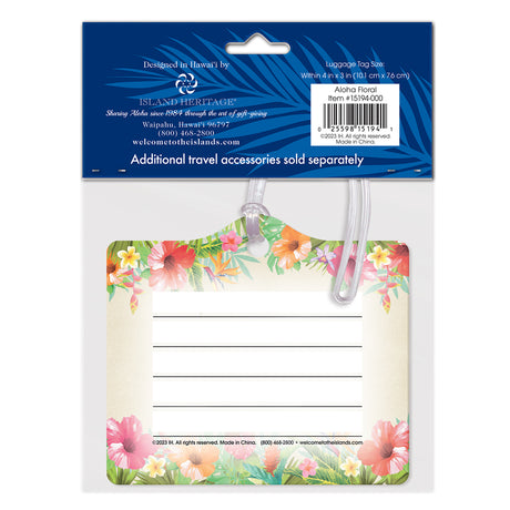 Back of packaged luggage tags with Hawaii floral theme