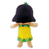 The back of a plush girl with black hair and a pineapple dress