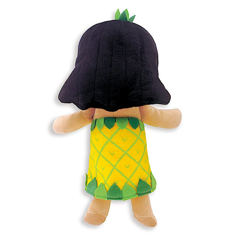 The back of a plush girl with black hair and a pineapple dress