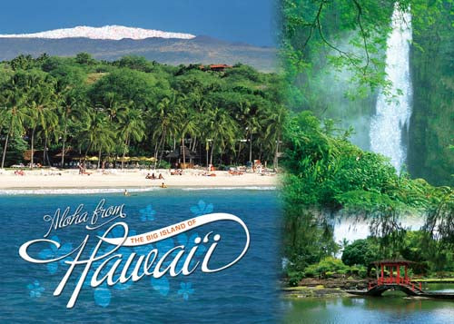 Two scenic views of Hawaii: a beach with palm trees and a waterfall, with 'Aloha from the Big Island of Hawaii' text overlay.