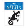 A black decal of a lizard on a white background, packaged on a sticker pack with the 'Island Heritage' branding and marked as weather resistant.