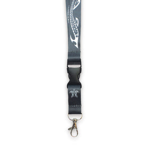A black lanyard with a lobster clasp and a tribal honu design, detachable bottom half, for holding keys or ID cards.