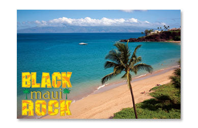 Beach scene with palm tree and ocean, featuring 'Black Rock Maui' text.