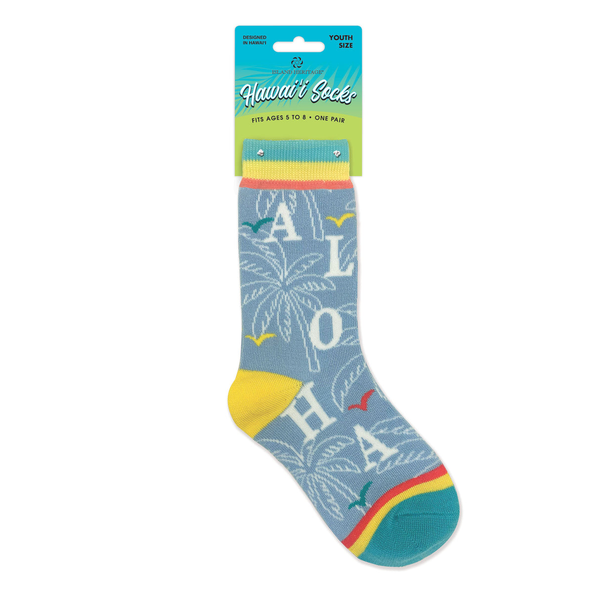 Blue sock with 'Aloha' text and colorful design on a white background