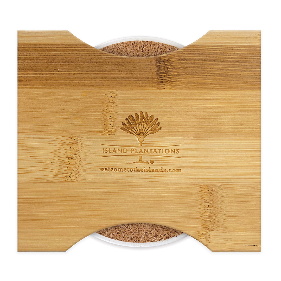 The bottom of a set of Hawaii floral lei coasters.