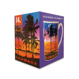 The box packaging for a 14oz Hawaii evening palms mug