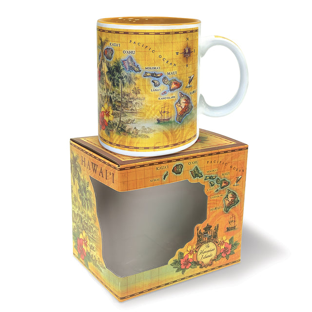 Decorative mug with Hawaiian-themed design on a matching box