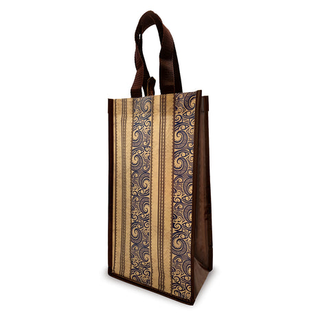 A non-woven wine carrier bag with tribal pattern, designed to carry two bottles, featuring easy-to-carry handles.